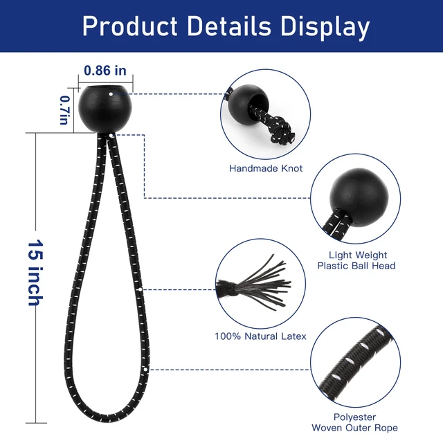 Alt view image 2 of 7 - 15 Inch Bungee Balls Ties,50 PCS Ball Bungee Cords Heavy Duty Elastic Cord Ball Bungee Canopy Tarp Tie Bungee with Balls for Camping, Shelter,Cargo,Tent Poles UV Resistant