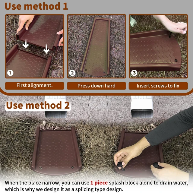 Alt view image 3 of 6 - 2 Pack Downspout Splash Block, 24" Rain Gutter Downspout Extensions with 4pc Fixing Nails,Gutter Downspout Splash Block, Drainage to Protect House Foundations (4 Piece|Brown)