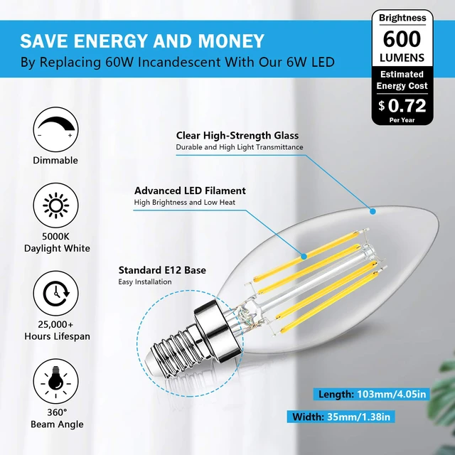 Alt view image 2 of 7 - 12-Pack Dimmable E12 LED Candelabra Bulbs 60W Equivalent, 5000K 6W, B11 Candle Base, 600 Lumens, LED Filament, High CRI, Vintage Light Bulb for Chandelier Ceiling Fan
