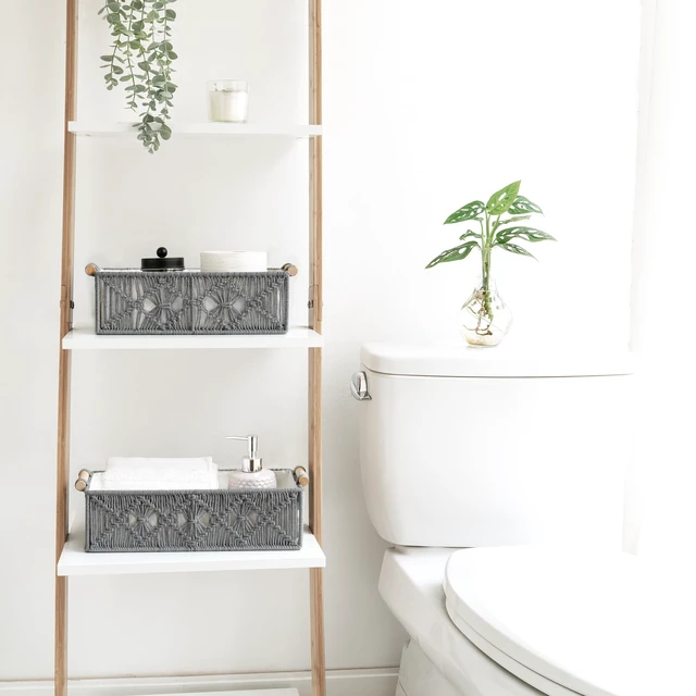 Alt view image 2 of 6 - 2Pc Macrame Storage Basket, Boho Decor Toilet Paper Holder, Grey Small Baskets for Organizing, Hand-Woven, Bohemian Beach Coastal Decor, Shelf Vanity Cabinet Bedroom Living Room Office Dorm