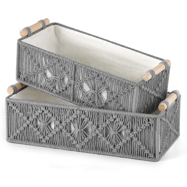 Alt view image 4 of 6 - 2Pc Macrame Storage Basket, Boho Decor Toilet Paper Holder, Grey Small Baskets for Organizing, Hand-Woven, Bohemian Beach Coastal Decor, Shelf Vanity Cabinet Bedroom Living Room Office Dorm