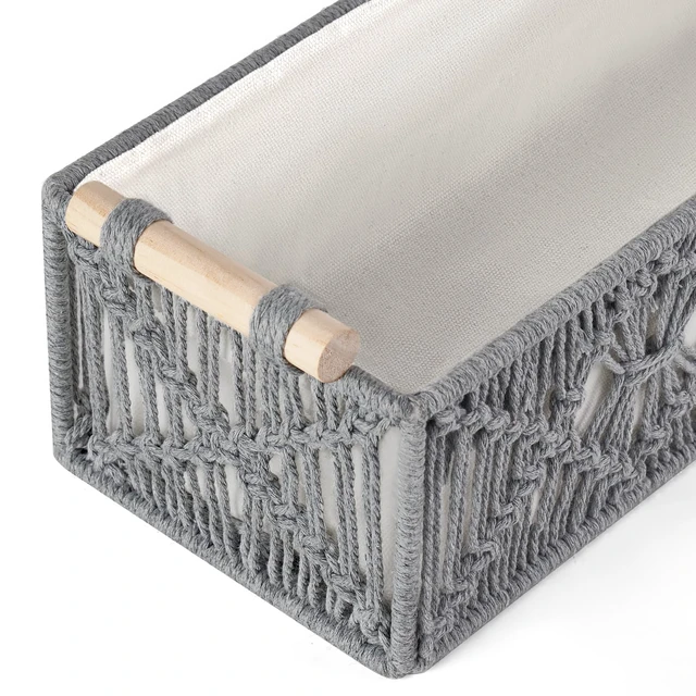 Alt view image 5 of 6 - 2Pc Macrame Storage Basket, Boho Decor Toilet Paper Holder, Grey Small Baskets for Organizing, Hand-Woven, Bohemian Beach Coastal Decor, Shelf Vanity Cabinet Bedroom Living Room Office Dorm