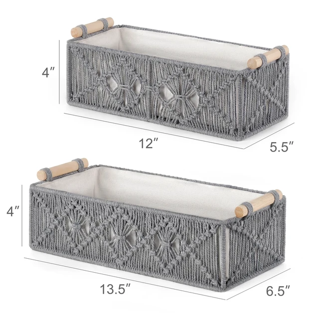 Alt view image 6 of 6 - 2Pc Macrame Storage Basket, Boho Decor Toilet Paper Holder, Grey Small Baskets for Organizing, Hand-Woven, Bohemian Beach Coastal Decor, Shelf Vanity Cabinet Bedroom Living Room Office Dorm