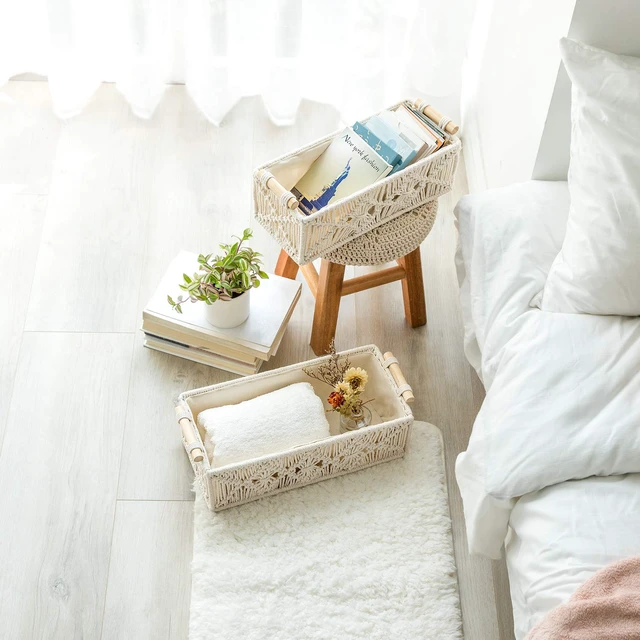 Alt view image 4 of 7 - 2Pc Macrame Storage Basket, Boho Decor Toilet Paper Holder, Ivory Small Baskets for Organizing, Hand-Woven, Bohemian Beach Coastal Decor, Shelf Vanity Cabinet Bedroom Living Room Office Dorm