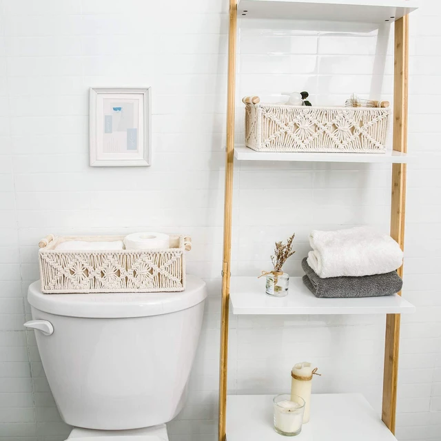 Alt view image 2 of 7 - 2Pc Macrame Storage Basket, Boho Decor Toilet Paper Holder, Ivory Small Baskets for Organizing, Hand-Woven, Bohemian Beach Coastal Decor, Shelf Vanity Cabinet Bedroom Living Room Office Dorm