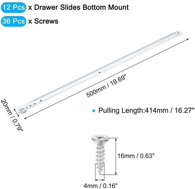 Alt view image 2 of 7 - 3 Pair Drawer Slides, 20 Inch Drawer Slide Heavy Duty Side Bottom Mount Drawer Glides Replacement for Cabinet Dresser Drawers