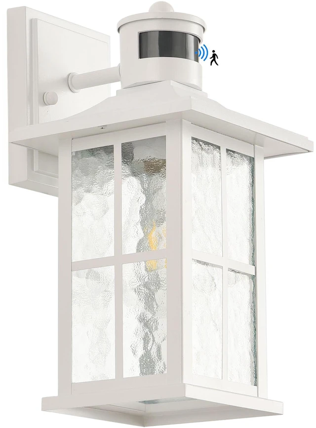 Main image of Motion Sensor Outdoor Wall Light White Dusk to Dawn Exterior Porch Lantern Outside Sconce Lighting Fixtures Rustic Wall Mount Lamp with Water Ripple Glass for House Garage Patio Entryway