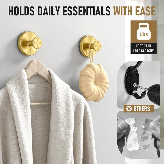 Alt view image 2 of 6 - Suction Cup Hooks for Shower, Shower Hooks for Inside Shower, No Drill Bathroom Hooks for Towels and Robes, Removable Suction Hooks for Glass, Mirror, Tile, Waterproof Rustproof,Gold (4 Pack)