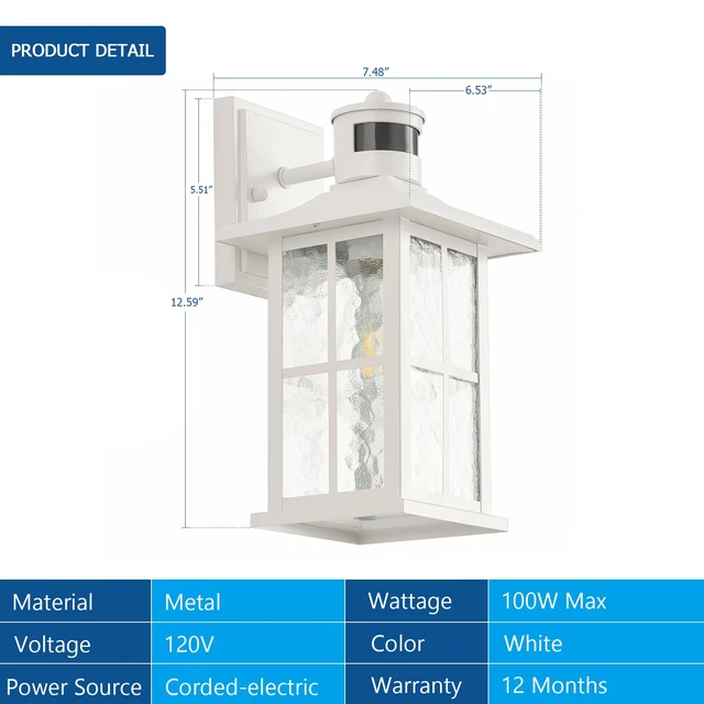 Alt view image 6 of 6 - Motion Sensor Outdoor Wall Light White Dusk to Dawn Exterior Porch Lantern Outside Sconce Lighting Fixtures Rustic Wall Mount Lamp with Water Ripple Glass for House Garage Patio Entryway