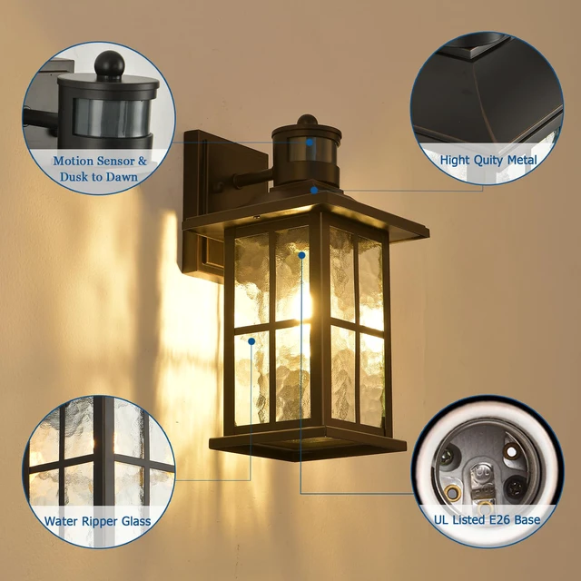 Alt view image 3 of 6 - Motion Sensor Porch Light Black Dusk to Dawn Outdoor Wall Lantern Exterior Sconce Lighting Fixtures Modern Outside Wall Mount Coach Lamp for House Garage Patio Front Door