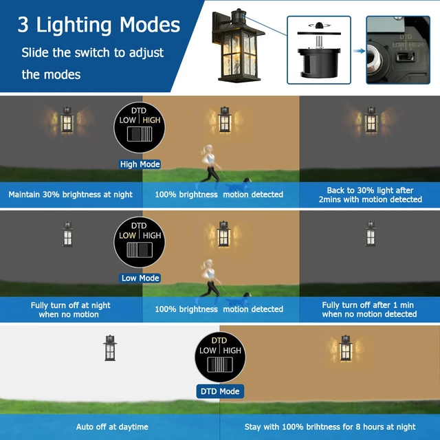 Alt view image 4 of 6 - Motion Sensor Porch Light Black Dusk to Dawn Outdoor Wall Lantern Exterior Sconce Lighting Fixtures Modern Outside Wall Mount Coach Lamp for House Garage Patio Front Door