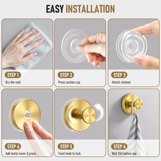 Alt view image 6 of 6 - Suction Cup Hooks for Shower, Shower Hooks for Inside Shower, No Drill Bathroom Hooks for Towels and Robes, Removable Suction Hooks for Glass, Mirror, Tile, Waterproof Rustproof,Gold (4 Pack)