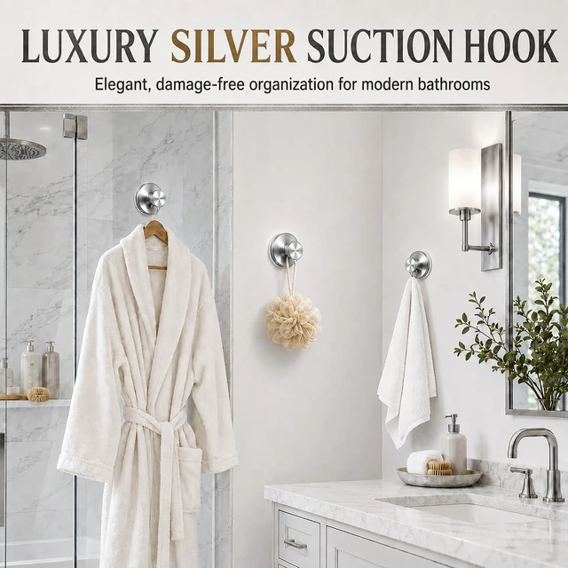 Alt view image 4 of 7 - Suction Cup Hooks for Shower, Shower Hooks for Inside Shower, No Drill Bathroom Hooks for Towels and Robes, Removable Suction Hooks for Glass, Mirror, Tile, Waterproof Rustproof, Silver(4 Pack)