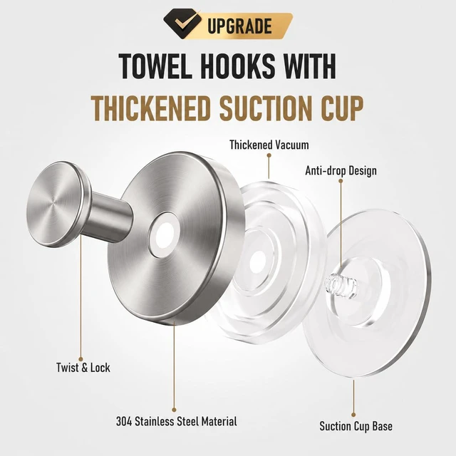 Alt view image 6 of 7 - Suction Cup Hooks for Shower, Shower Hooks for Inside Shower, No Drill Bathroom Hooks for Towels and Robes, Removable Suction Hooks for Glass, Mirror, Tile, Waterproof Rustproof, Silver(4 Pack)