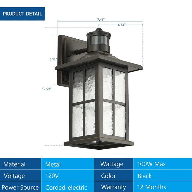Alt view image 6 of 6 - Motion Sensor Porch Light Black Dusk to Dawn Outdoor Wall Lantern Exterior Sconce Lighting Fixtures Modern Outside Wall Mount Coach Lamp for House Garage Patio Front Door