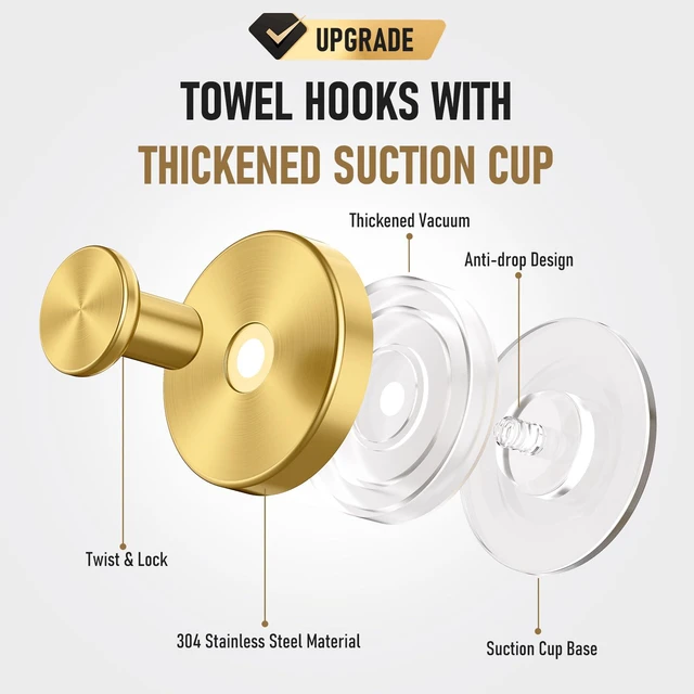 Alt view image 4 of 6 - Suction Cup Hooks for Shower, Shower Hooks for Inside Shower, No Drill Bathroom Hooks for Towels and Robes, Removable Suction Hooks for Glass, Mirror, Tile, Waterproof Rustproof,Gold (4 Pack)