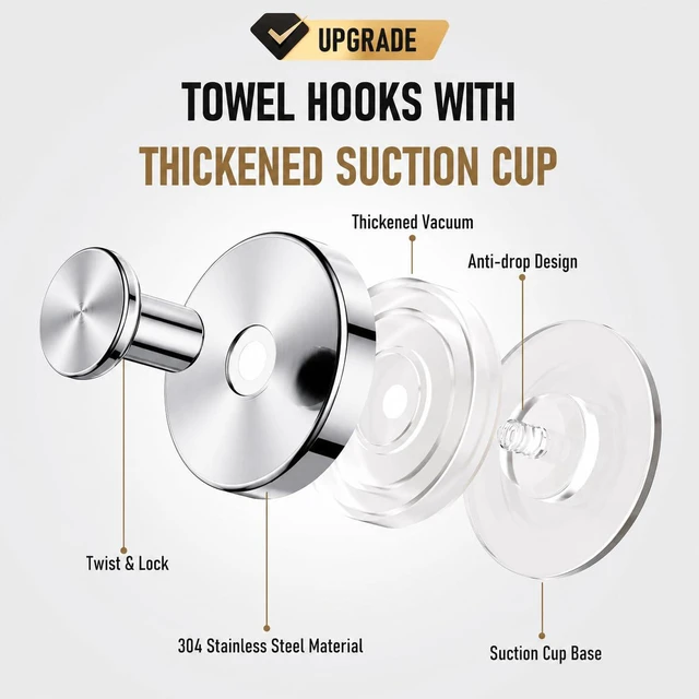 Alt view image 3 of 7 - Suction Cup Hooks for Shower, Shower Hooks for Inside Shower, No Drill Bathroom Hooks for Towels and Robes, Removable Suction Hooks for Glass, Mirror, Tile, Waterproof Rustproof, Chrome (4 Pack)