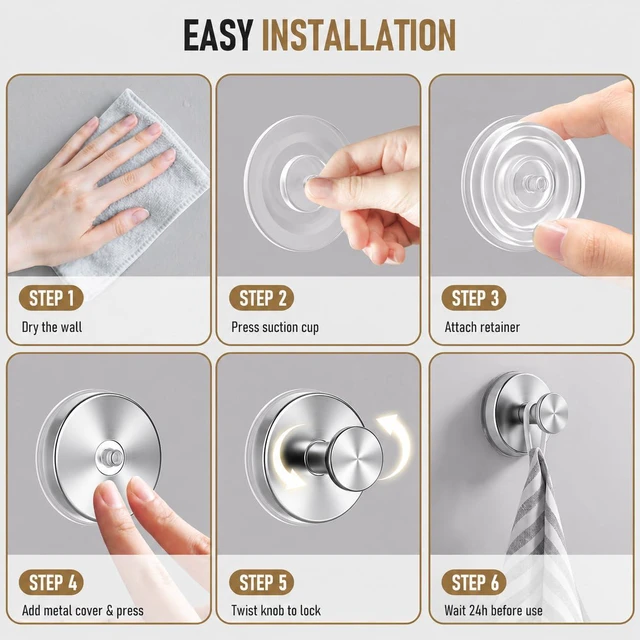 Alt view image 6 of 7 - Suction Cup Hooks for Shower, Shower Hooks for Inside Shower, No Drill Bathroom Hooks for Towels and Robes, Removable Suction Hooks for Glass, Mirror, Tile, Waterproof Rustproof, Chrome (4 Pack)