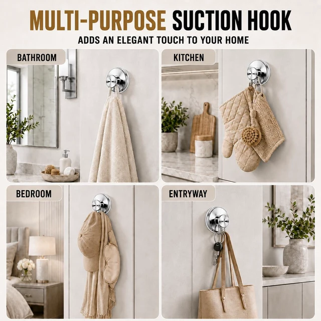 Alt view image 7 of 7 - Suction Cup Hooks for Shower, Shower Hooks for Inside Shower, No Drill Bathroom Hooks for Towels and Robes, Removable Suction Hooks for Glass, Mirror, Tile, Waterproof Rustproof, Chrome (4 Pack)