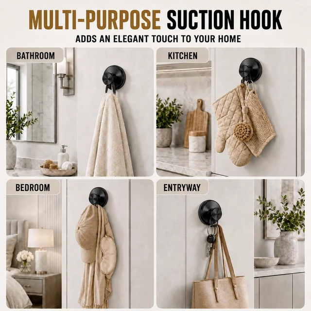 Alt view image 4 of 7 - Suction Cup Hooks for Shower, Shower Hooks for Inside Shower, No Drill Bathroom Hooks for Towels and Robes, Removable Suction Hooks for Glass, Mirror, Tile, Waterproof Rustproof, Black (4 Pack)