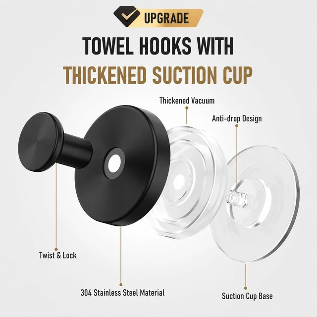 Alt view image 6 of 7 - Suction Cup Hooks for Shower, Shower Hooks for Inside Shower, No Drill Bathroom Hooks for Towels and Robes, Removable Suction Hooks for Glass, Mirror, Tile, Waterproof Rustproof, Black (4 Pack)
