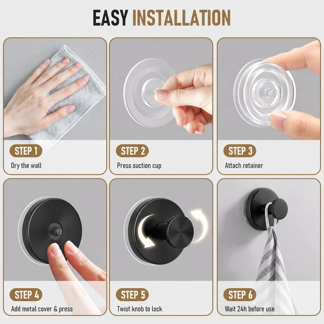 Alt view image 7 of 7 - Suction Cup Hooks for Shower, Shower Hooks for Inside Shower, No Drill Bathroom Hooks for Towels and Robes, Removable Suction Hooks for Glass, Mirror, Tile, Waterproof Rustproof, Black (4 Pack)