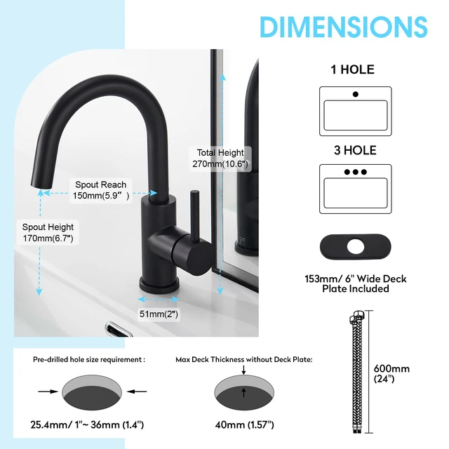 Alt view image 7 of 7 - Black Bathroom Faucet Brushed Nickel, Prep Wet Bar Sink Faucet Stainless Steel Single Hole Small Kitchen Faucet with 4 Inch Deck Plate, Mini Faucet Outdoor Tap for Farmhouse Vanity Sink Lavatory