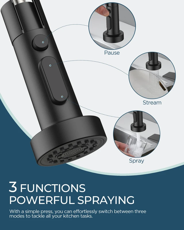 Alt view image 4 of 6 - Black Kitchen Faucet with Pull Down Sprayer, Classic Single Handle No-Lead commercial Stainless Steel, 3-Mode High Arc Sink Faucet, with Deck Plate, for Rv Camper Bar Farmhouse Laundry Outdoor