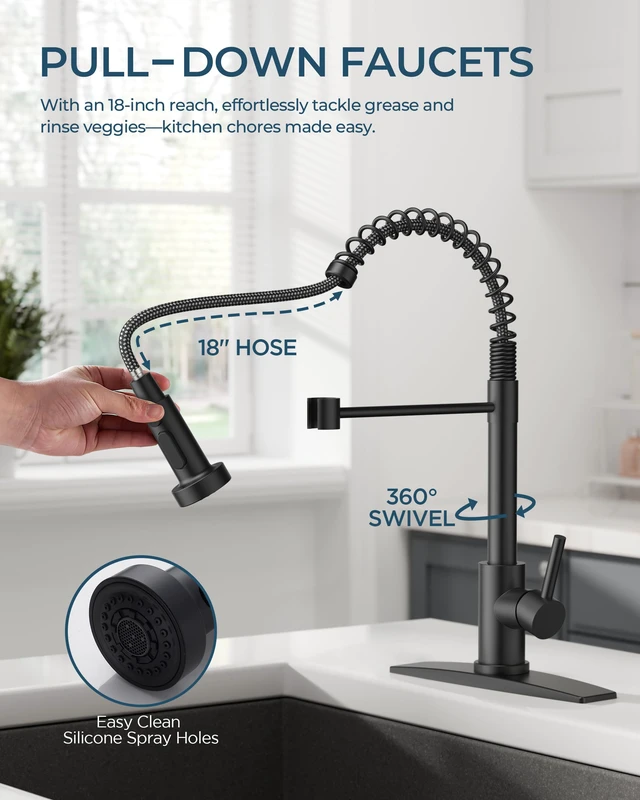 Alt view image 5 of 6 - Black Kitchen Faucet with Pull Down Sprayer, Classic Single Handle No-Lead commercial Stainless Steel, 3-Mode High Arc Sink Faucet, with Deck Plate, for Rv Camper Bar Farmhouse Laundry Outdoor