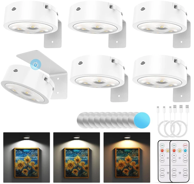 Main image of 6 Pack Picture Lights for Wall, Rechargeable Battery Operated Wall Lights, Picture Frame Lights with 3 Lighting Modes, Wireless Magnetic Painting Light with Remote Control Timer, (White)