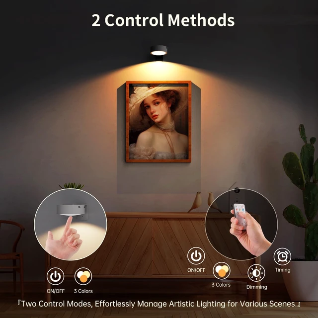 Alt view image 4 of 7 - 6 Pack Picture Lights for Wall, Rechargeable Battery Operated Wall Lights, Picture Frame Lights with 3 Lighting Modes, Wireless Magnetic Painting Light with Remote Control Timer, (White)