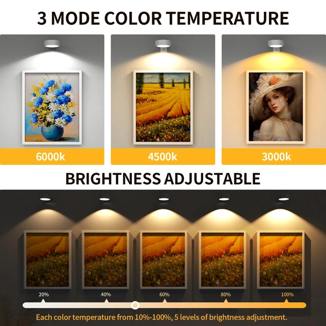 Alt view image 6 of 7 - 6 Pack Picture Lights for Wall, Rechargeable Battery Operated Wall Lights, Picture Frame Lights with 3 Lighting Modes, Wireless Magnetic Painting Light with Remote Control Timer, (White)