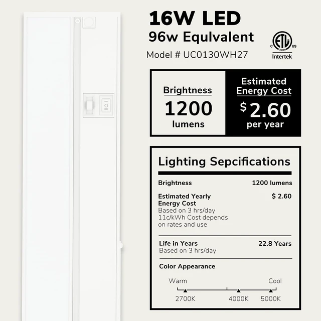 Alt view image 2 of 7 - Halo 30-Inch Hardwired LED Under Cabinet Light, 3-CCT, White Power cord sold separately for plug-in installation. 2700K/4000K/5000K, dimmable. Model: UC0130WH27