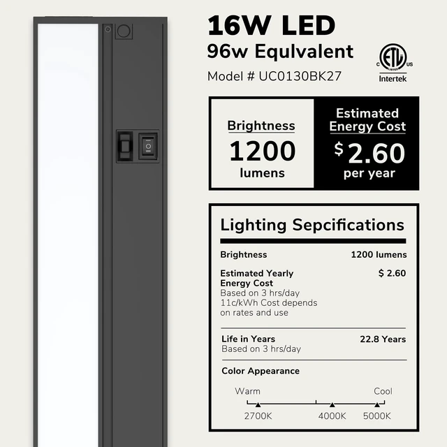 Alt view image 2 of 7 - Halo 30-Inch Hardwired LED Under Cabinet Light, 3-CCT, Black Power cord sold separately for plug-in installation. 2700K/4000K/5000K, dimmable. Model: UC0130BK27