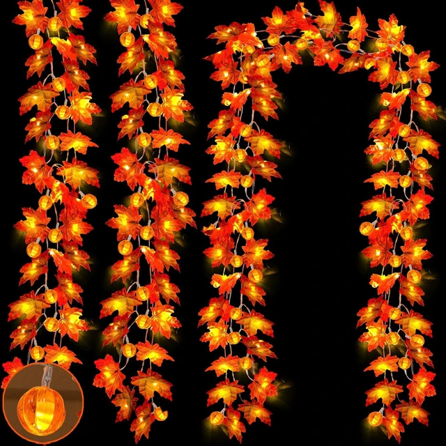 Main image of 3 Pack Timer Fall Garland with Pumpkin Lights 30Ft 60LED Pumpkin Garland Halloween Fall Decorations for Home, Patented Enlarged Maple Leaves Battery Operated Thanksgiving Decor Porch Indoor Outdoor