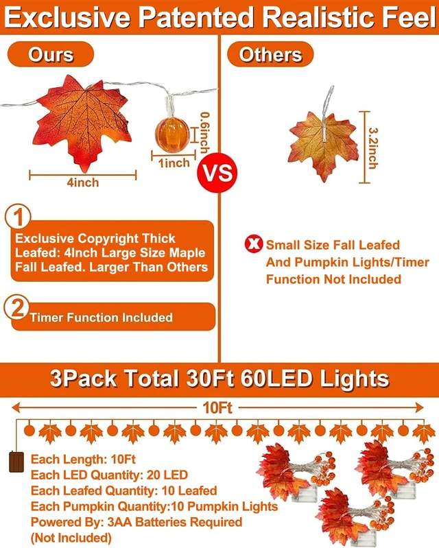 Alt view image 2 of 7 - 3 Pack Timer Fall Garland with Pumpkin Lights 30Ft 60LED Pumpkin Garland Halloween Fall Decorations for Home, Patented Enlarged Maple Leaves Battery Operated Thanksgiving Decor Porch Indoor Outdoor