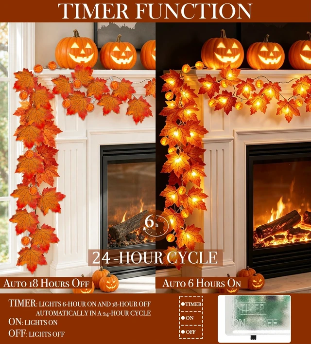 Alt view image 3 of 7 - 3 Pack Timer Fall Garland with Pumpkin Lights 30Ft 60LED Pumpkin Garland Halloween Fall Decorations for Home, Patented Enlarged Maple Leaves Battery Operated Thanksgiving Decor Porch Indoor Outdoor