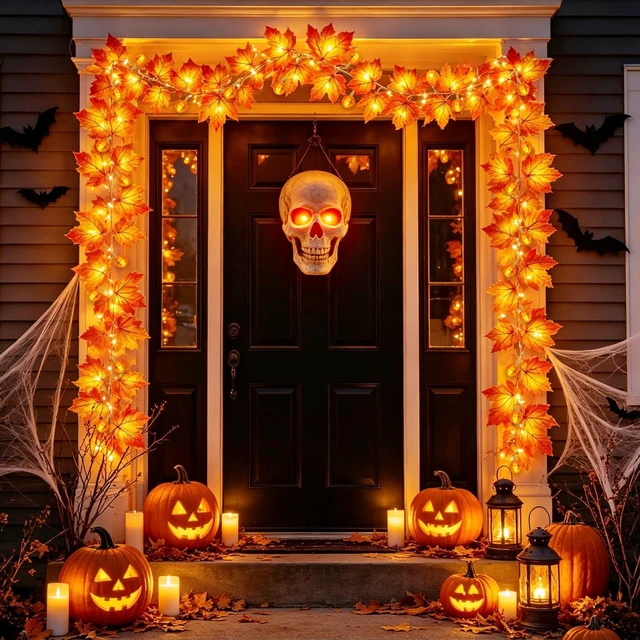 Alt view image 4 of 7 - 3 Pack Timer Fall Garland with Pumpkin Lights 30Ft 60LED Pumpkin Garland Halloween Fall Decorations for Home, Patented Enlarged Maple Leaves Battery Operated Thanksgiving Decor Porch Indoor Outdoor