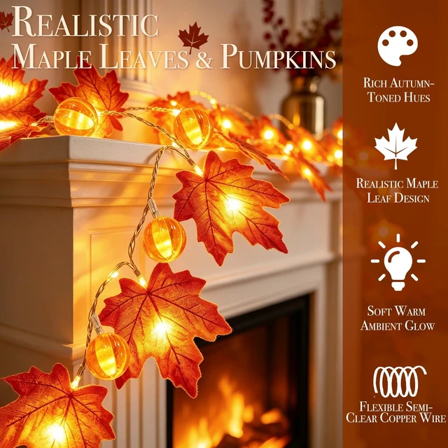 Alt view image 6 of 7 - 3 Pack Timer Fall Garland with Pumpkin Lights 30Ft 60LED Pumpkin Garland Halloween Fall Decorations for Home, Patented Enlarged Maple Leaves Battery Operated Thanksgiving Decor Porch Indoor Outdoor