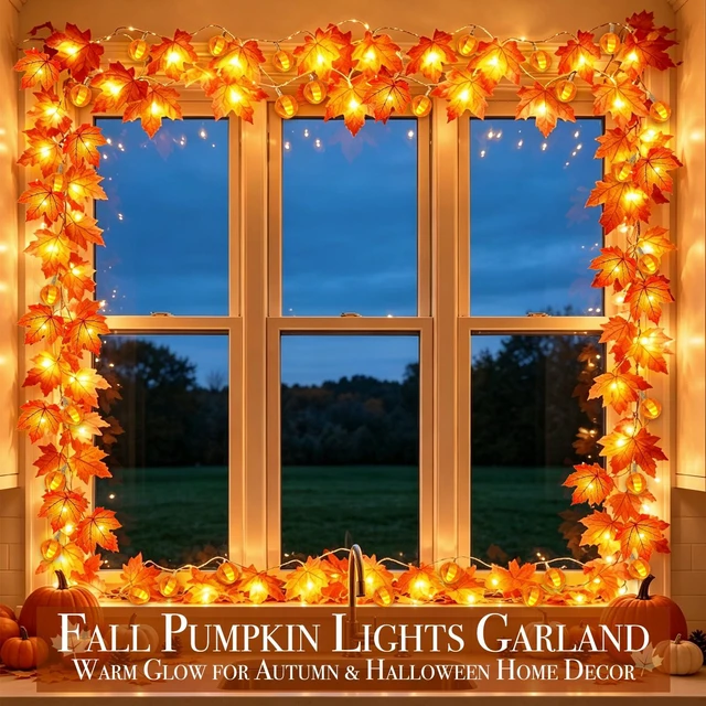 Alt view image 7 of 7 - 3 Pack Timer Fall Garland with Pumpkin Lights 30Ft 60LED Pumpkin Garland Halloween Fall Decorations for Home, Patented Enlarged Maple Leaves Battery Operated Thanksgiving Decor Porch Indoor Outdoor