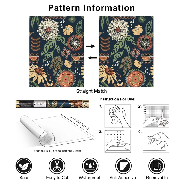 Alt view image 7 of 7 - Boho Sun Floral Retro Peel and Stick Wallpaper 17.3" x 480" Removable Waterproof Self Adhesive Contact Paper Renter Friendly for Cabinets, Furniture, Bedroom, Bathroom, DIY Decor