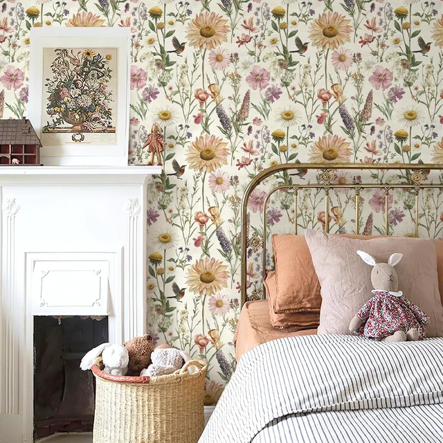 Alt view image 2 of 7 - Floral Peel and Stick Wallpaper for Bathroom 16.9inch x 393.7inch Floral Bird Contact Paper Vintage Flower Wallpaper Peel and Stick Self Adhesive Waterproof Flower Decorative Wall Paper Vinyl