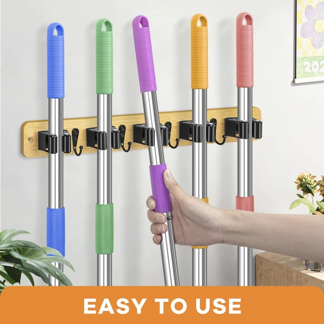 Alt view image 2 of 7 - Broom Holder Wall Mount, Rustic Broom Hanger for Laundry Room Broom and Mop Organization and Storage, Mop Holder for Home Decor,Garden,Garage,Closet,5 Racks and 4 Hooks