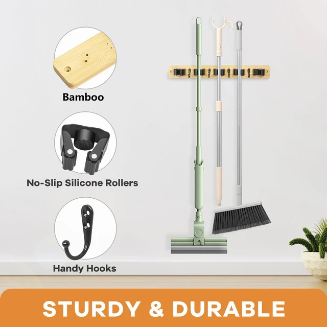 Alt view image 3 of 7 - Broom Holder Wall Mount, Rustic Broom Hanger for Laundry Room Broom and Mop Organization and Storage, Mop Holder for Home Decor,Garden,Garage,Closet,5 Racks and 4 Hooks