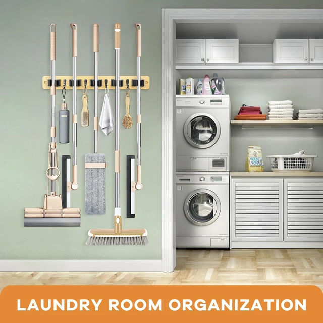 Alt view image 4 of 7 - Broom Holder Wall Mount, Rustic Broom Hanger for Laundry Room Broom and Mop Organization and Storage, Mop Holder for Home Decor,Garden,Garage,Closet,5 Racks and 4 Hooks