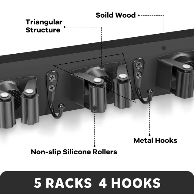 Alt view image 2 of 7 - Broom Holder Wall Mount, Rustic Broom Hanger for Laundry Room Wood Broom and Mop Organization and Storage, Mop Holder for Home Decor, Garden, Garage, Closet, 5 Racks and 4 Hooks, Black
