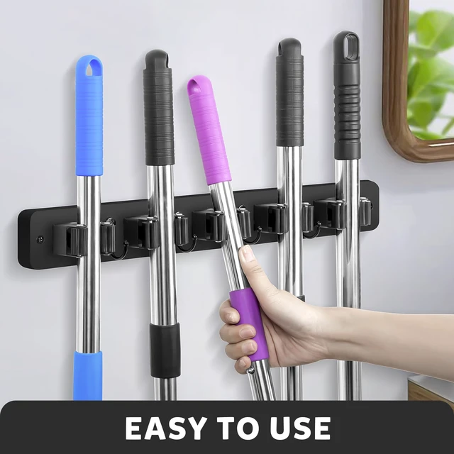 Alt view image 3 of 7 - Broom Holder Wall Mount, Rustic Broom Hanger for Laundry Room Wood Broom and Mop Organization and Storage, Mop Holder for Home Decor, Garden, Garage, Closet, 5 Racks and 4 Hooks, Black