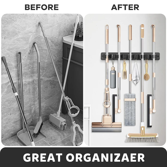 Alt view image 4 of 7 - Broom Holder Wall Mount, Rustic Broom Hanger for Laundry Room Wood Broom and Mop Organization and Storage, Mop Holder for Home Decor, Garden, Garage, Closet, 5 Racks and 4 Hooks, Black