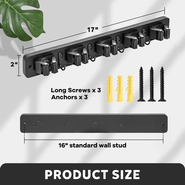 Alt view image 5 of 7 - Broom Holder Wall Mount, Rustic Broom Hanger for Laundry Room Wood Broom and Mop Organization and Storage, Mop Holder for Home Decor, Garden, Garage, Closet, 5 Racks and 4 Hooks, Black