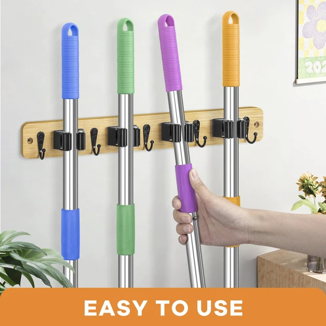 Alt view image 2 of 7 - Broom Holder Wall Mount, Rustic Broom Hanger for Laundry Room Broom and Mop Organization and Storage, Mop Holder for Home Decor,Garden,Garage,Closet,4 Racks and 5 Hooks